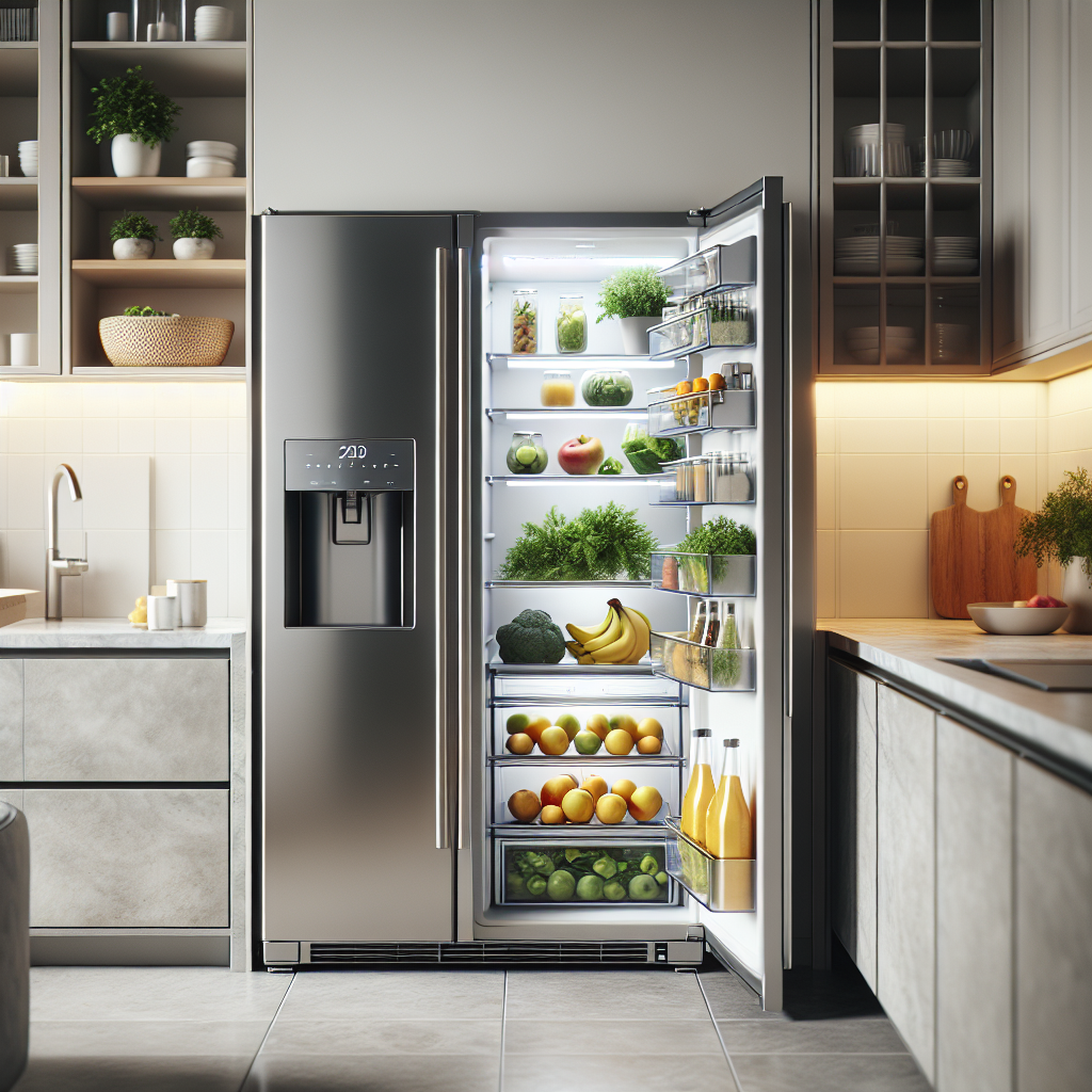 Moderne kjøkken med et energieffektivt, stilig kjøleskap i rustfritt stål, åpent dør med synlig organiserte hyller og frisk frukt, lys og nøytral bakgrunn