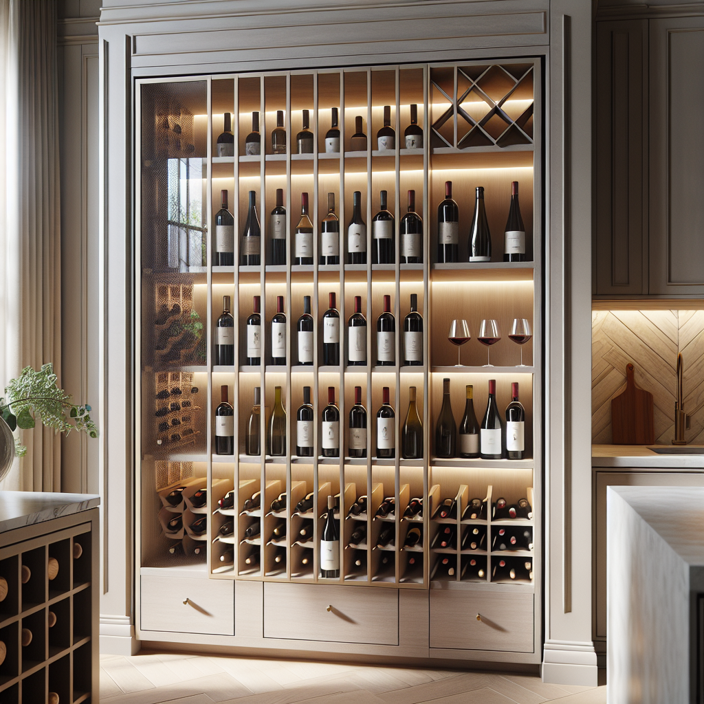 Elegant vinskap i moderne kjøkkenmiljø, innvendig hyller med vinflasker, dempet LED-belysning, tonet glassdør og naturlig lys gjennom vindu