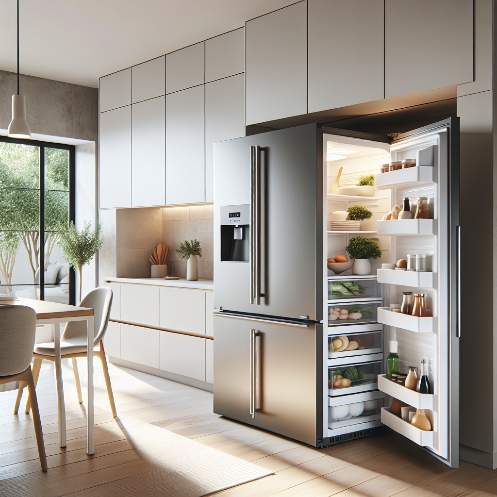 Moderne kjøkken med et stilrent stående fryseskap, åpen dør som viser organiserte skuffer med mat, naturlig lys, nøytrale farger, rent og innbydende