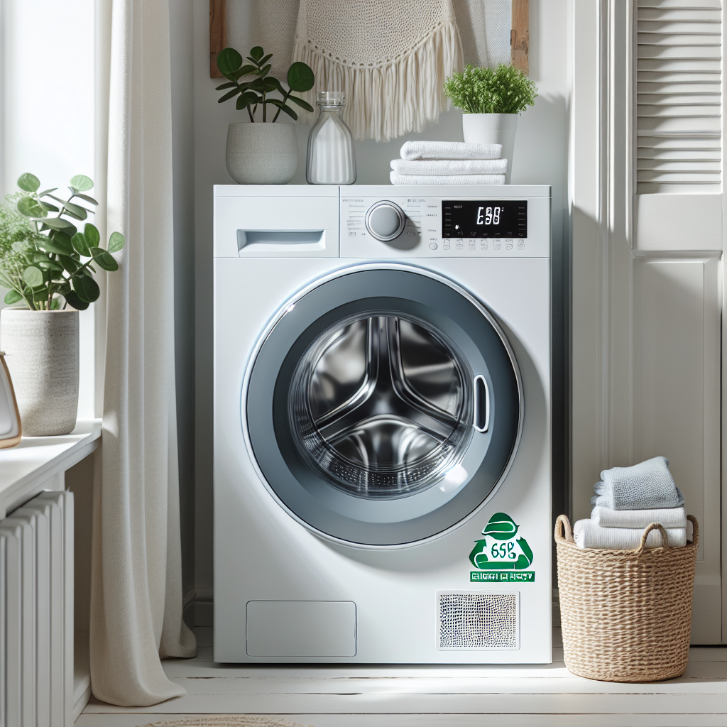 Moderne, hvit frontmatet vaskemaskin i et lyst, skandinavisk vaskerom med energieffektivitetsmerke synlig og rent, minimalistisk miljø