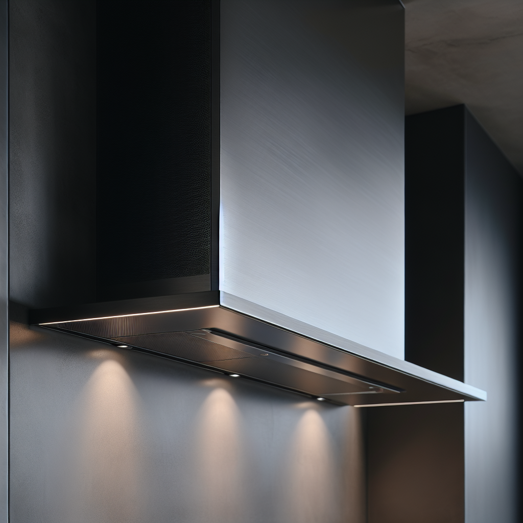 Moderne vegghengt ventilator i stilrent kjøkkeninteriør, matt stålfinish, mykt arbeidslys, minimalistisk design, nærbilde med dempet bakgrunn