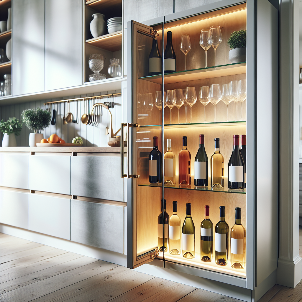 Moderne vinskap i et lyst, nordisk kjøkken, glassdører som viser liggende vinflasker, varmt innvendig lys, stilrent og elegant