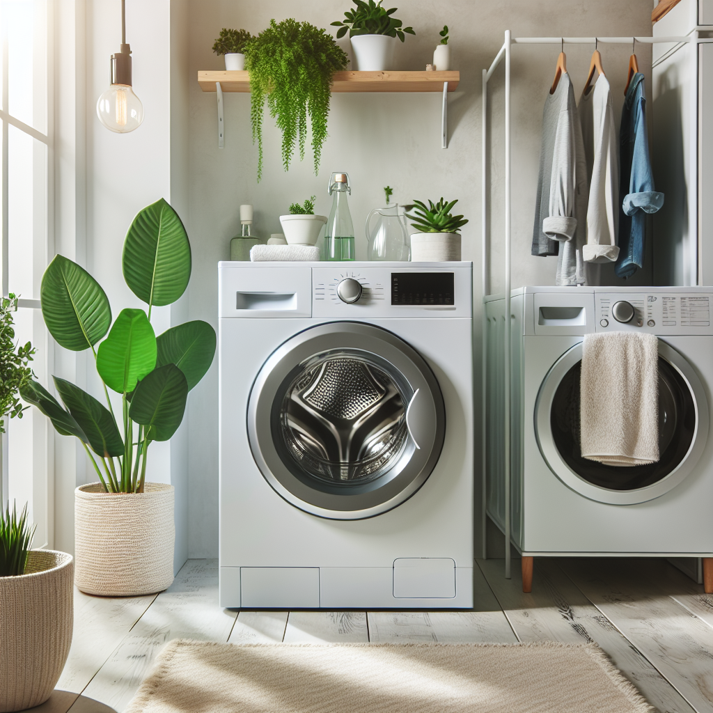 Foto av en moderne, hvit frontmatet vaskemaskin i et lyst, kompakt vaskerom med stablet tørketrommel og grønne planter, minimalistisk stil