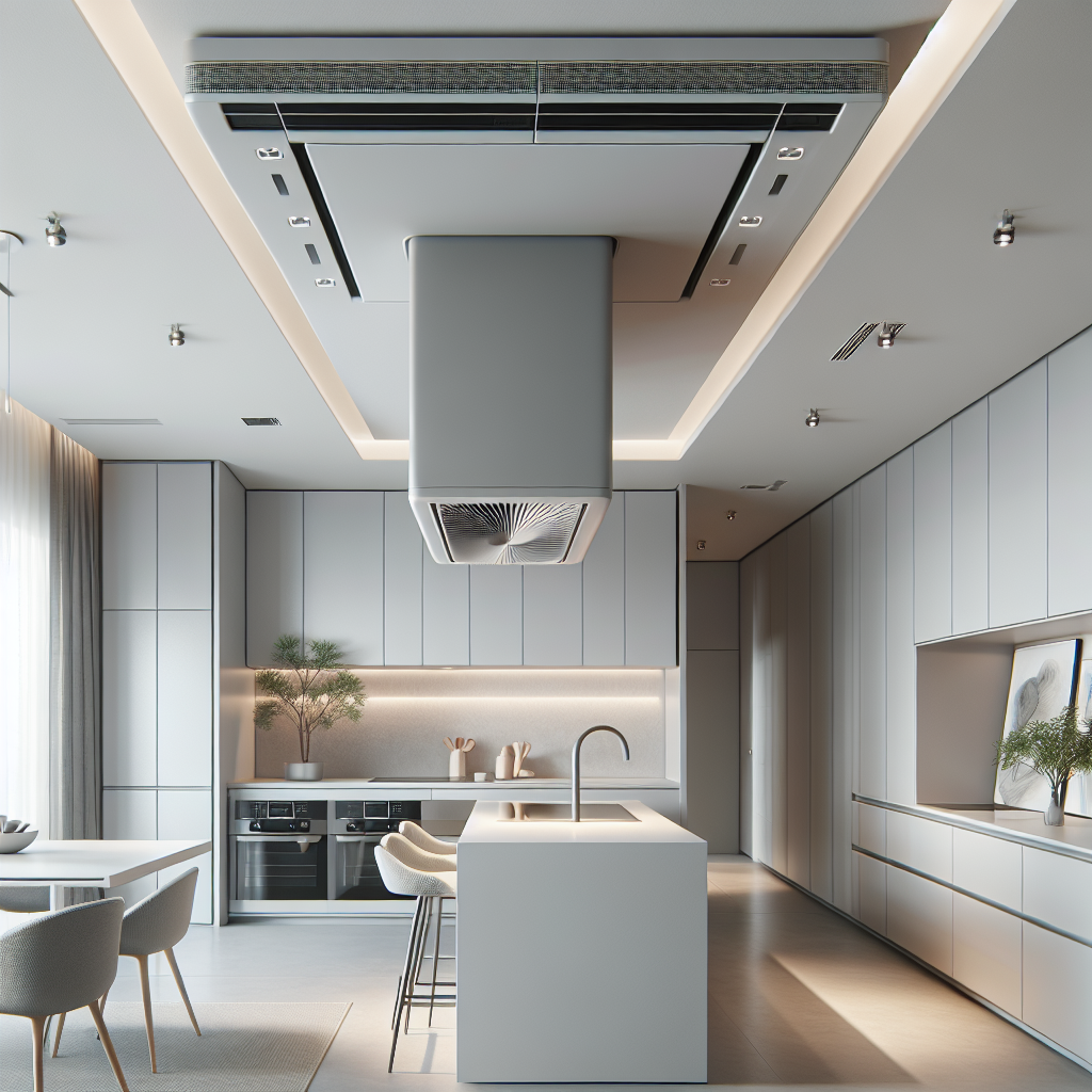 Stilrent moderne kjøkkeninteriør med en innbygget ventilator skjult i overskap, dempet belysning, kjøkkenøy og fokus på minimalistisk design