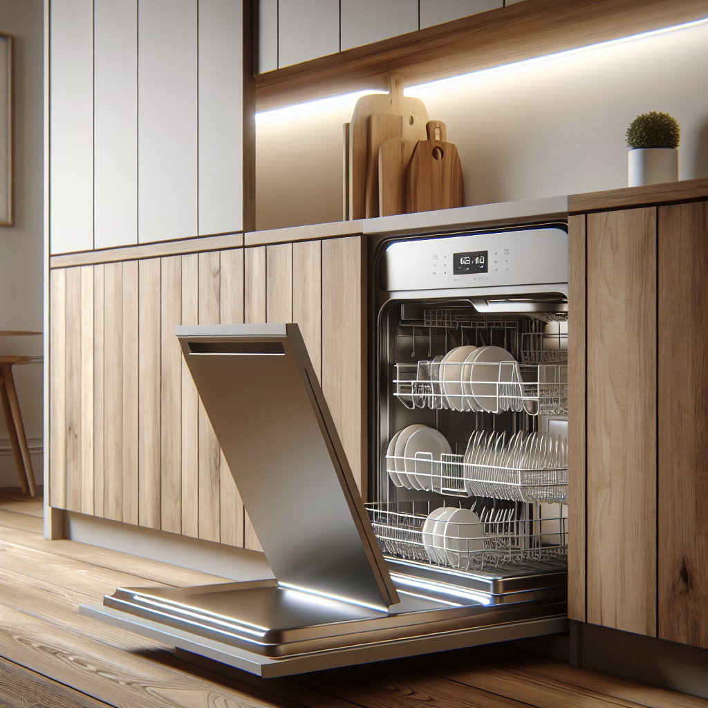 Moderne kjøkken med en fullt integrert oppvaskmaskin bak trepanel, myk belysning, minimalistisk design, lav vinkel som viser åpen dør og innvendig kurv, stilrent nordisk estetikk