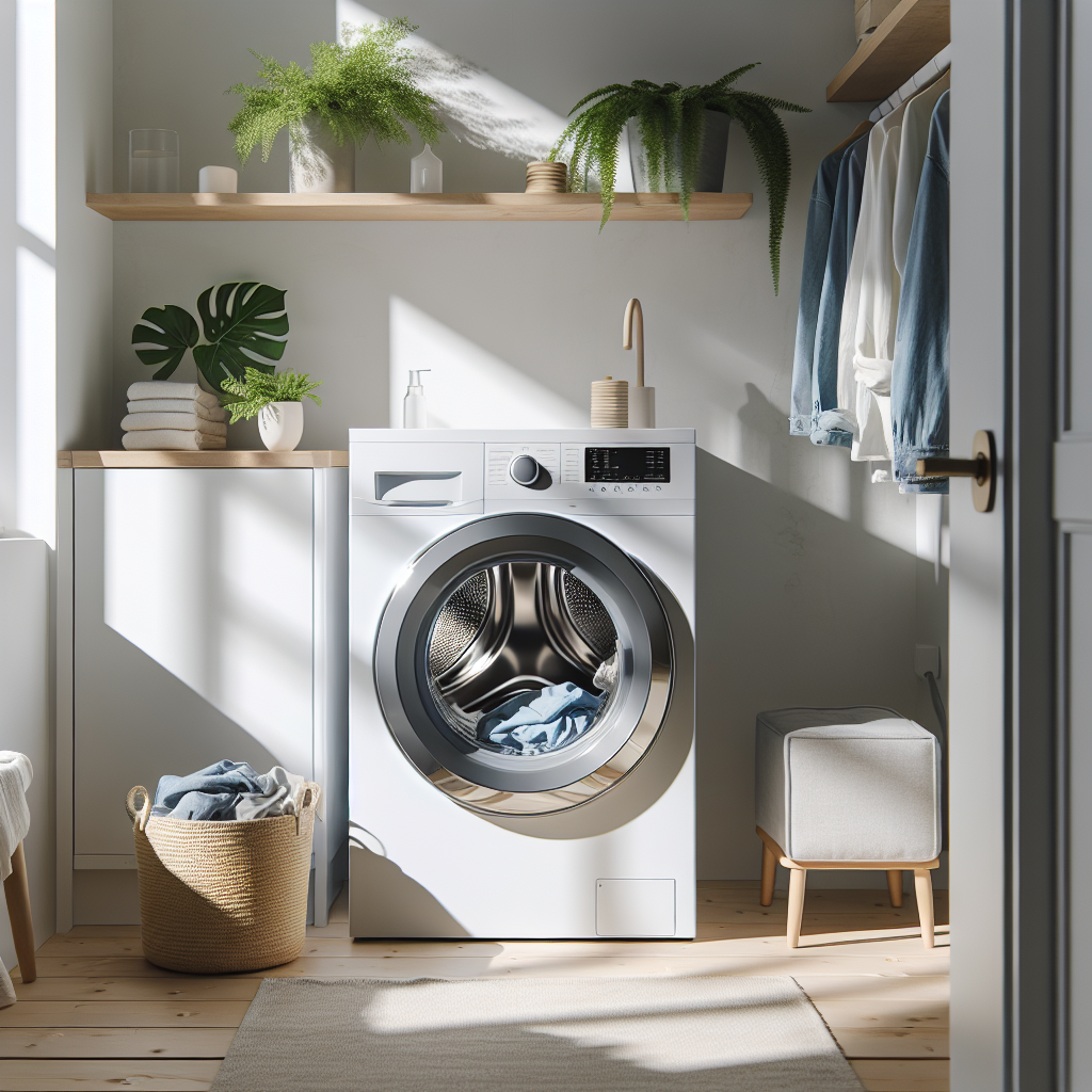 Toppmatet vaskemaskin i et moderne, lyst nordisk vaskerom, åpen luke ovenfra med rent tøy, minimalistisk interiør og naturlig dagslys