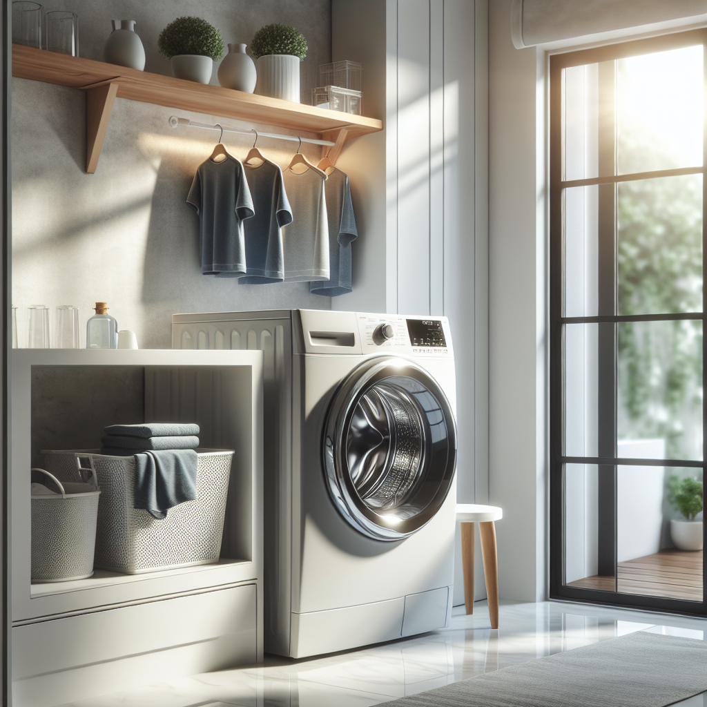 Frontmatet vaskemaskin i et lyst, moderne vaskerom med minimalistisk styling og ryddig hylle, naturlig lys