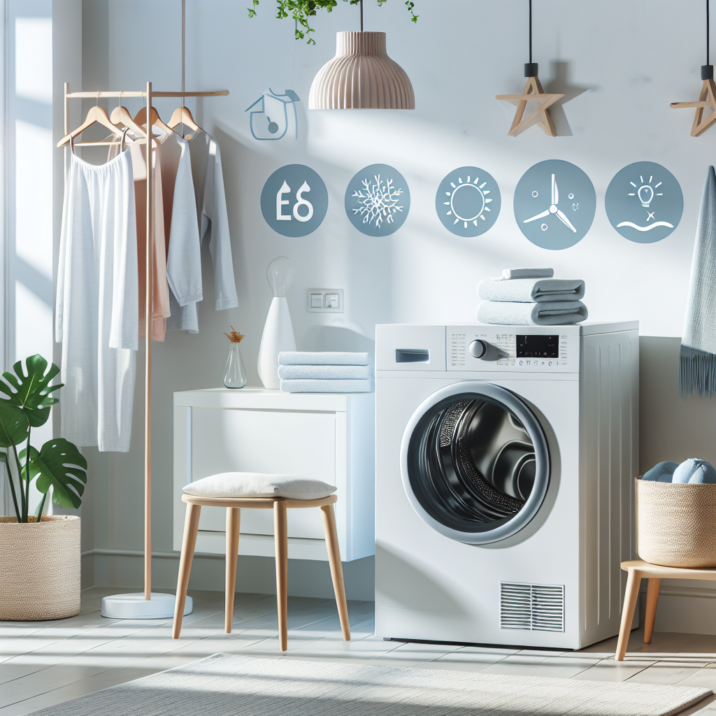 Moderne varmepumpetørketrommel i et lyst, stilrent vaskerom med symboler for lavt energiforbruk og skånsom tørking